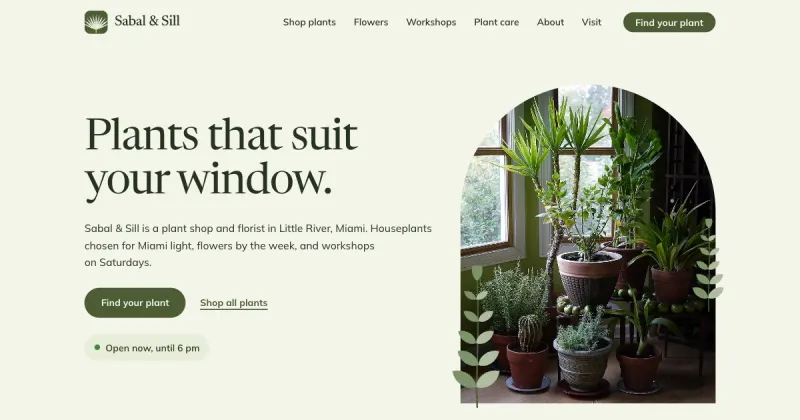 Concept homepage in the Botanical design, for a plant shop and florist