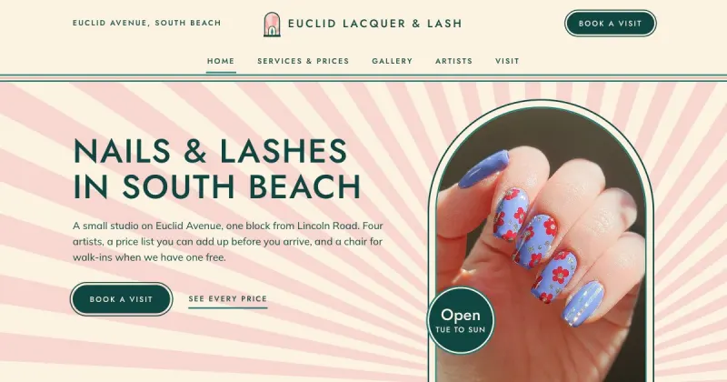 Concept homepage in the Miami Deco design, for a nail and lash studio