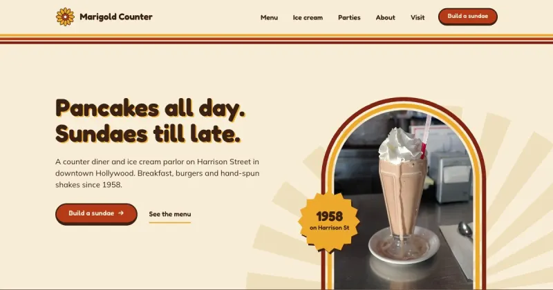 Concept homepage in the Retro sign design, for a diner and ice cream counter