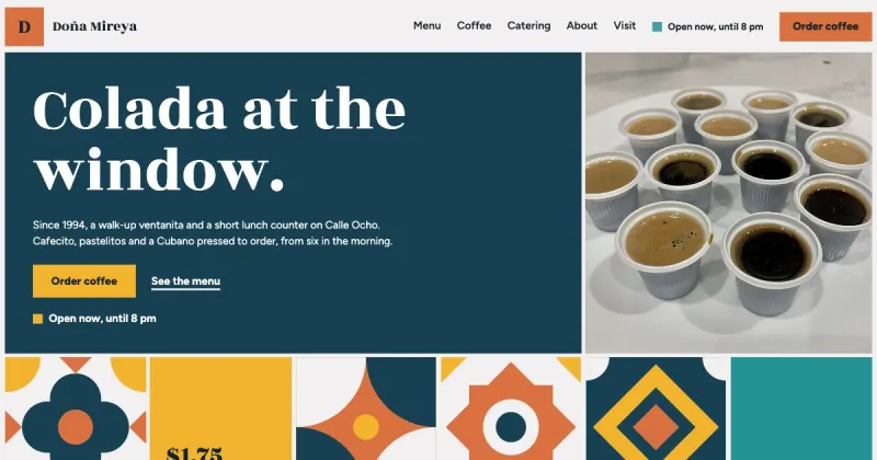 Concept homepage in the Calle tile design, for a Cuban cafe